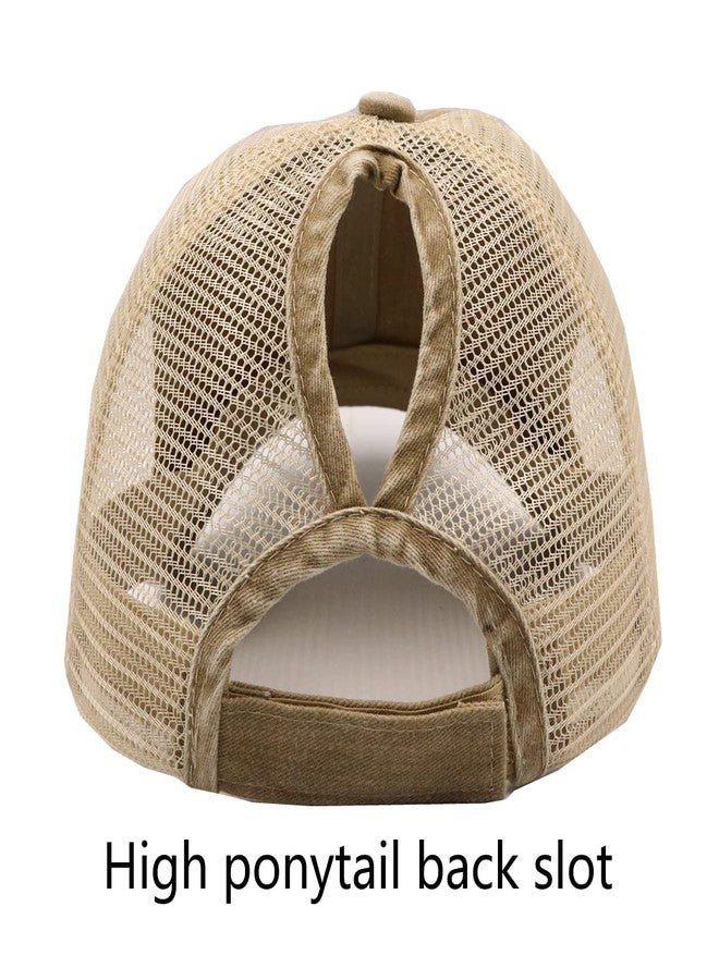 ProMindFun Womens Ponytail High Messy Bun Hats Distressed Baseball Caps Unconstructed Washed Dad Hat Girls Trucker Ponycaps (03-Light Khaki) - Image 5